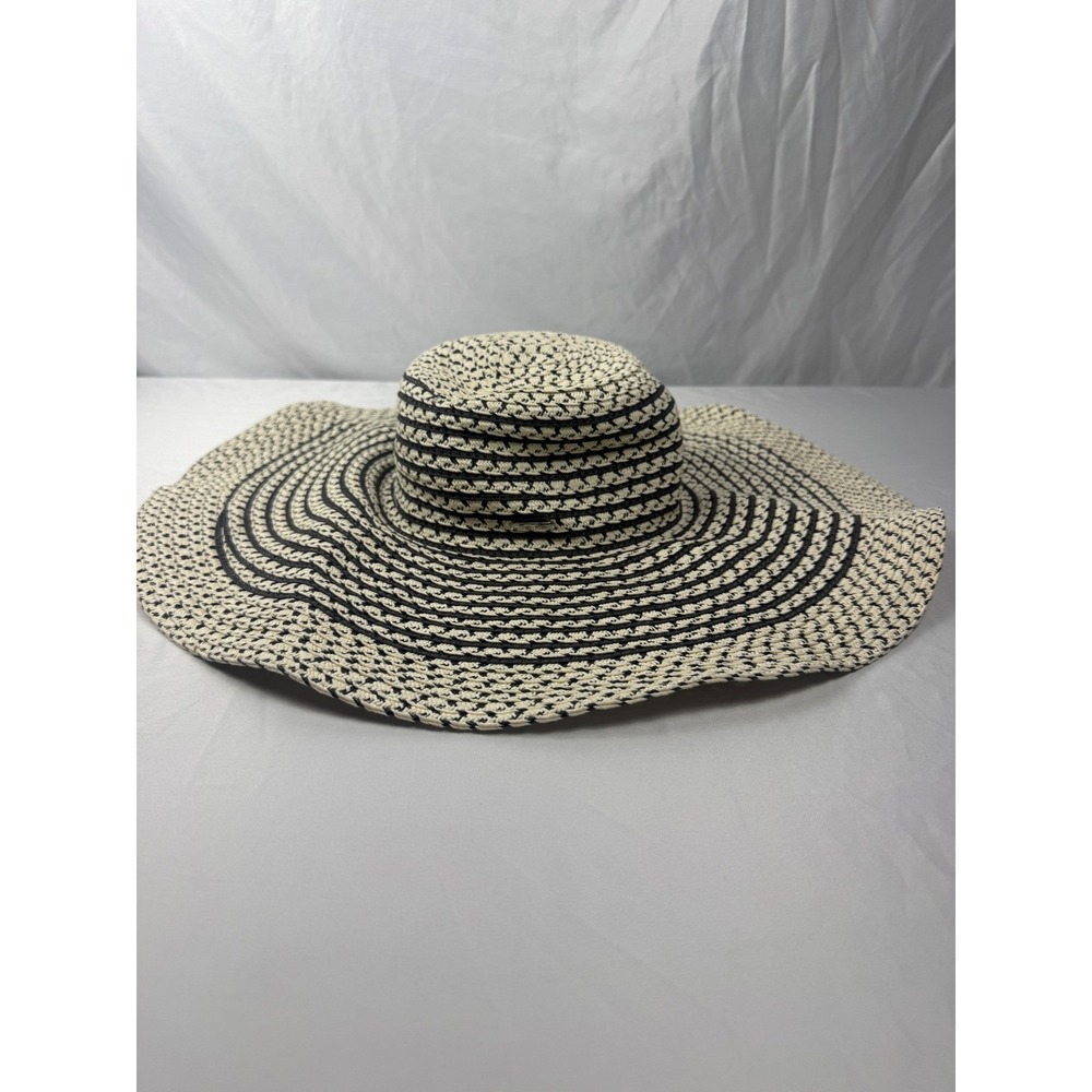 Calvin Klein Wide Brim Straw Sun Hat Black White Floppy Beach Resort One Size‎